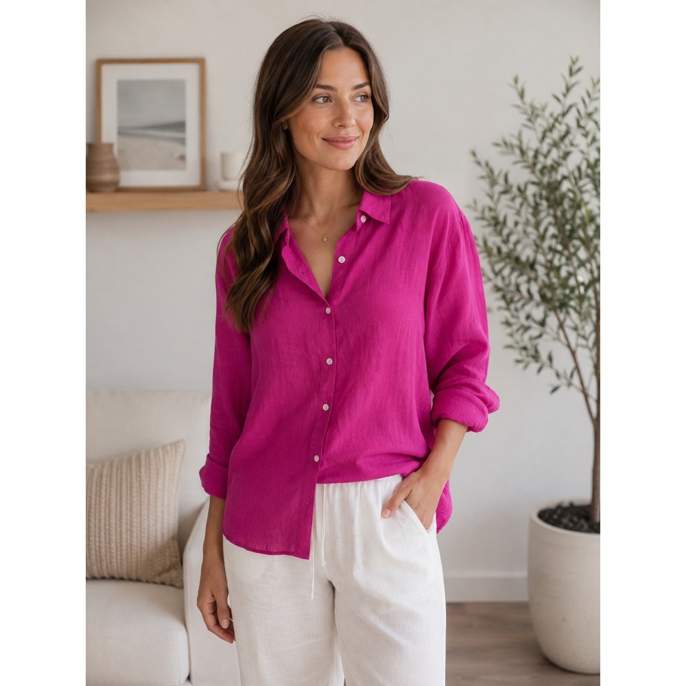 J.Jill Womens Pink Linen Button Down Shirt L Oversized Coastal Resort Blouse